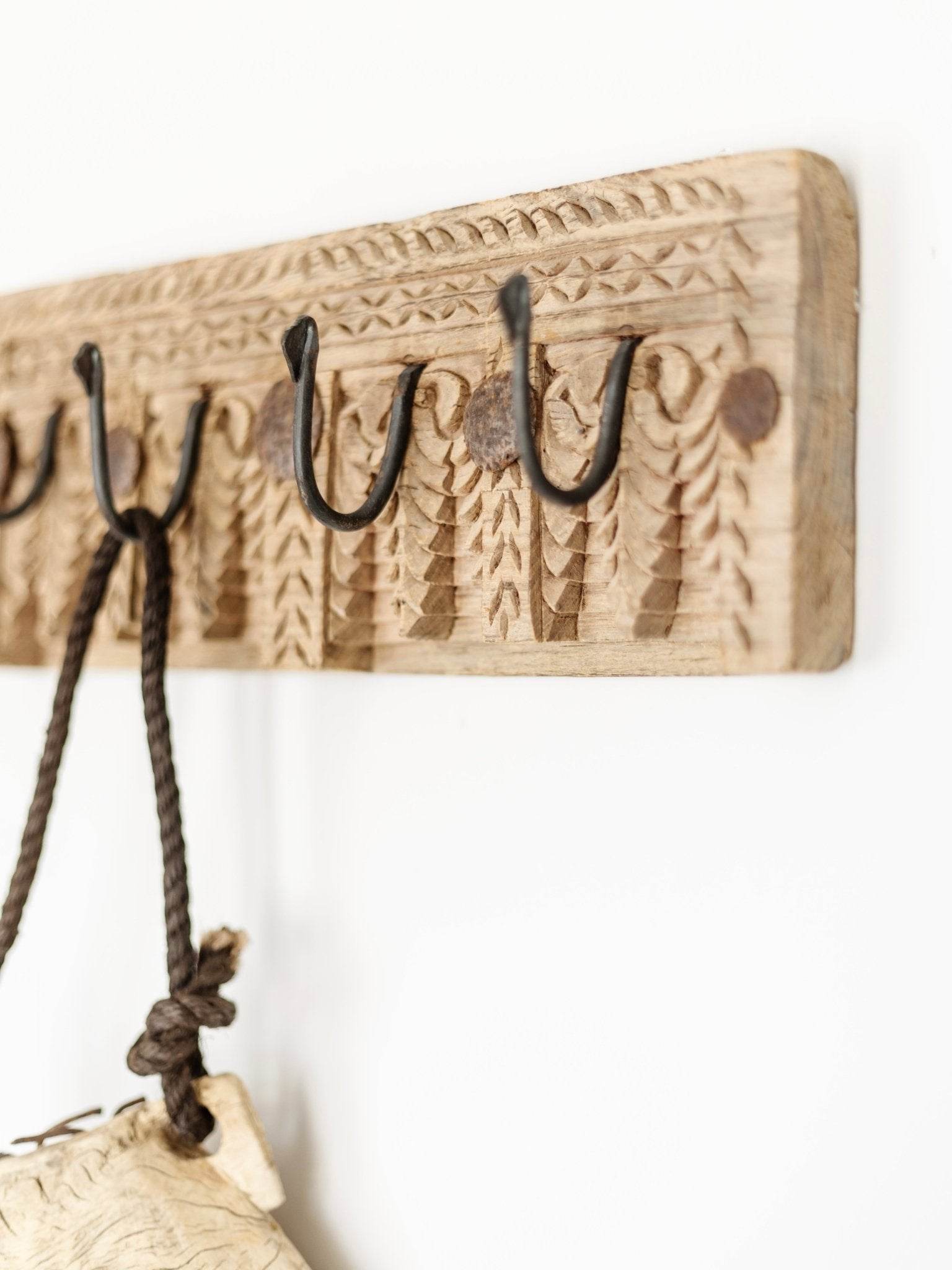 Indian Carved 4 Hook Panel -Medium - Wander & Wild Home