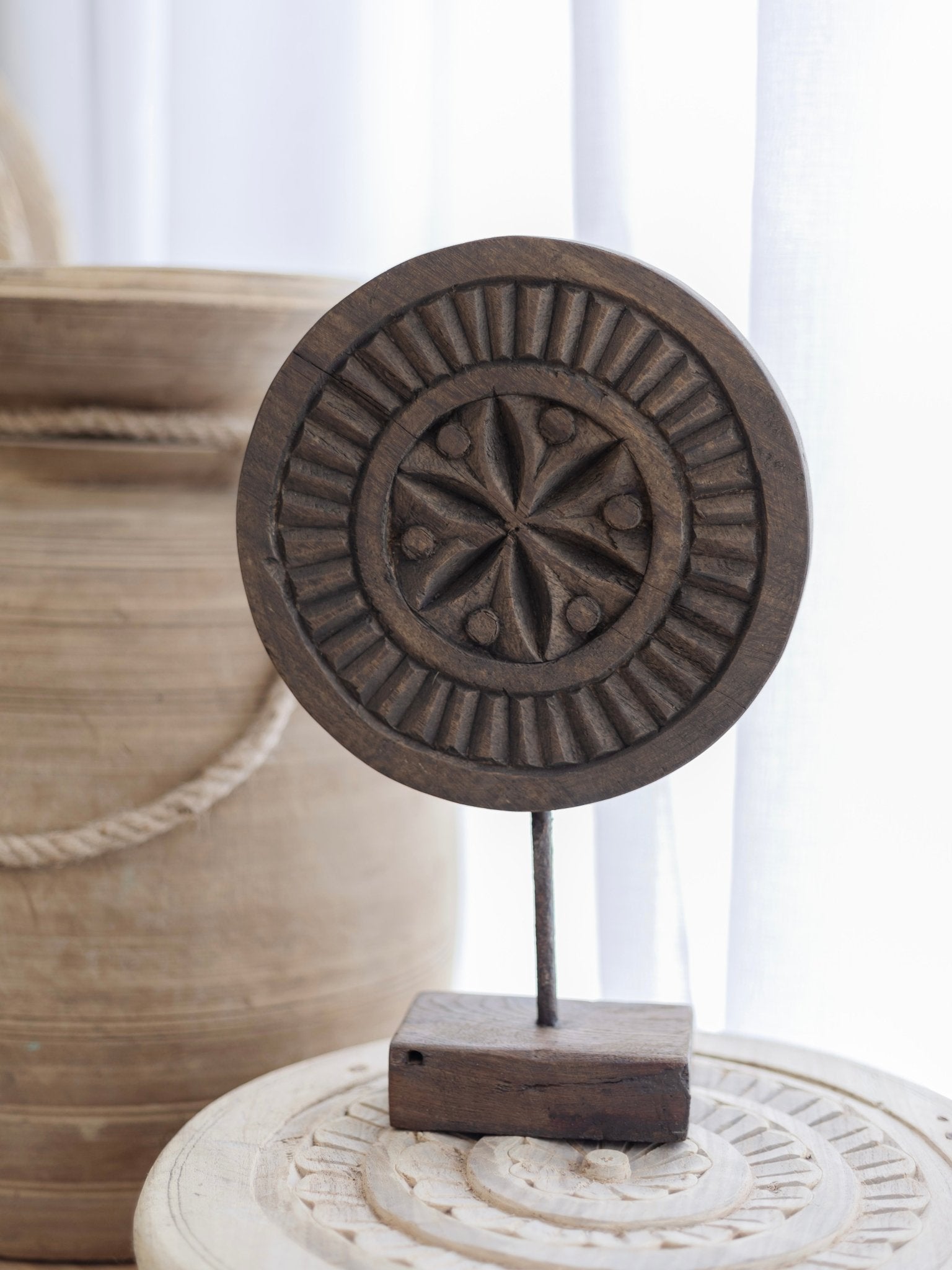 Indian Carved Chapati Plate on Stand - Wabi - Wander & Wild Home