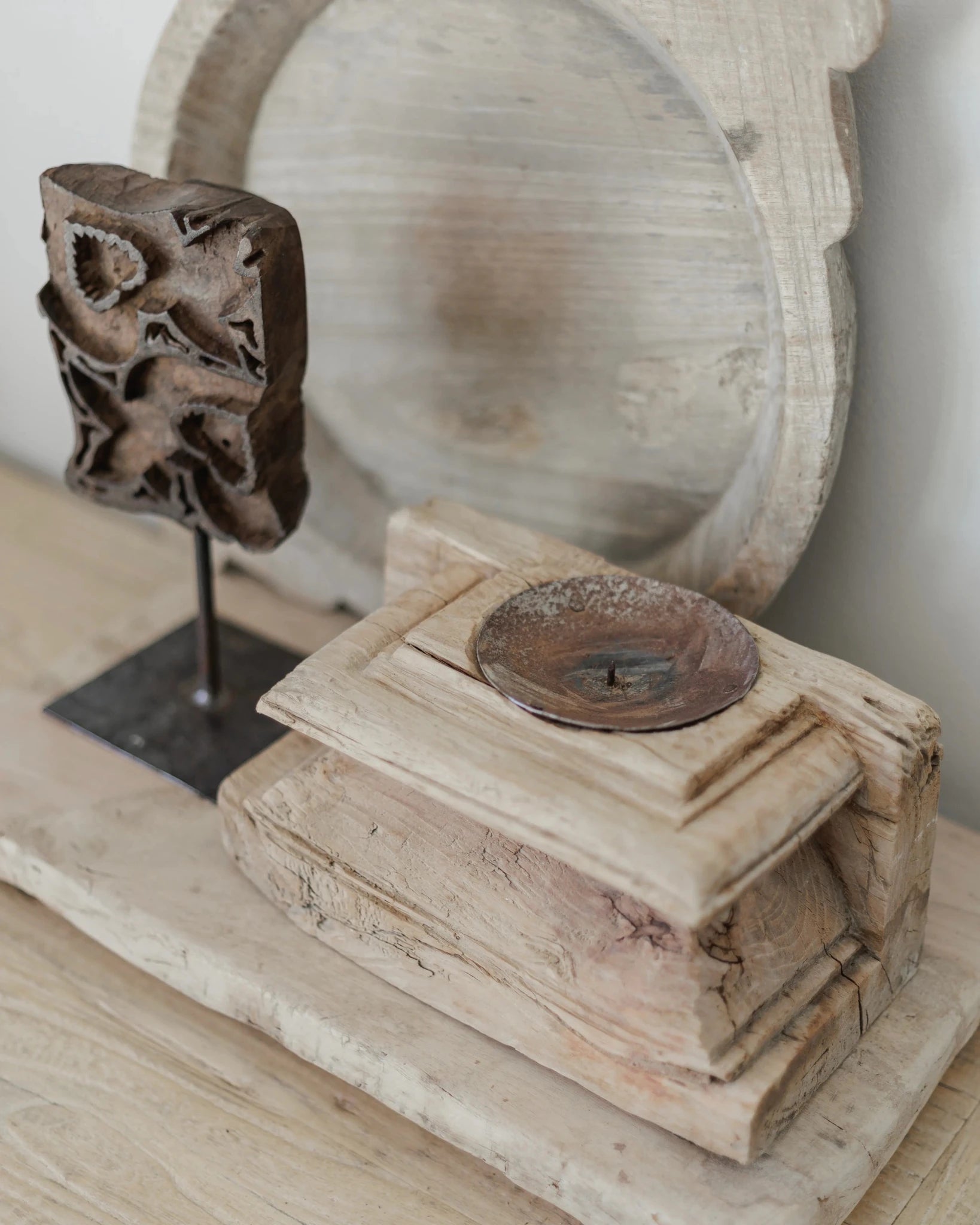 Large Vintage Indian Pillar Base Candle Stand | Flat Profile - Wander & Wild Home