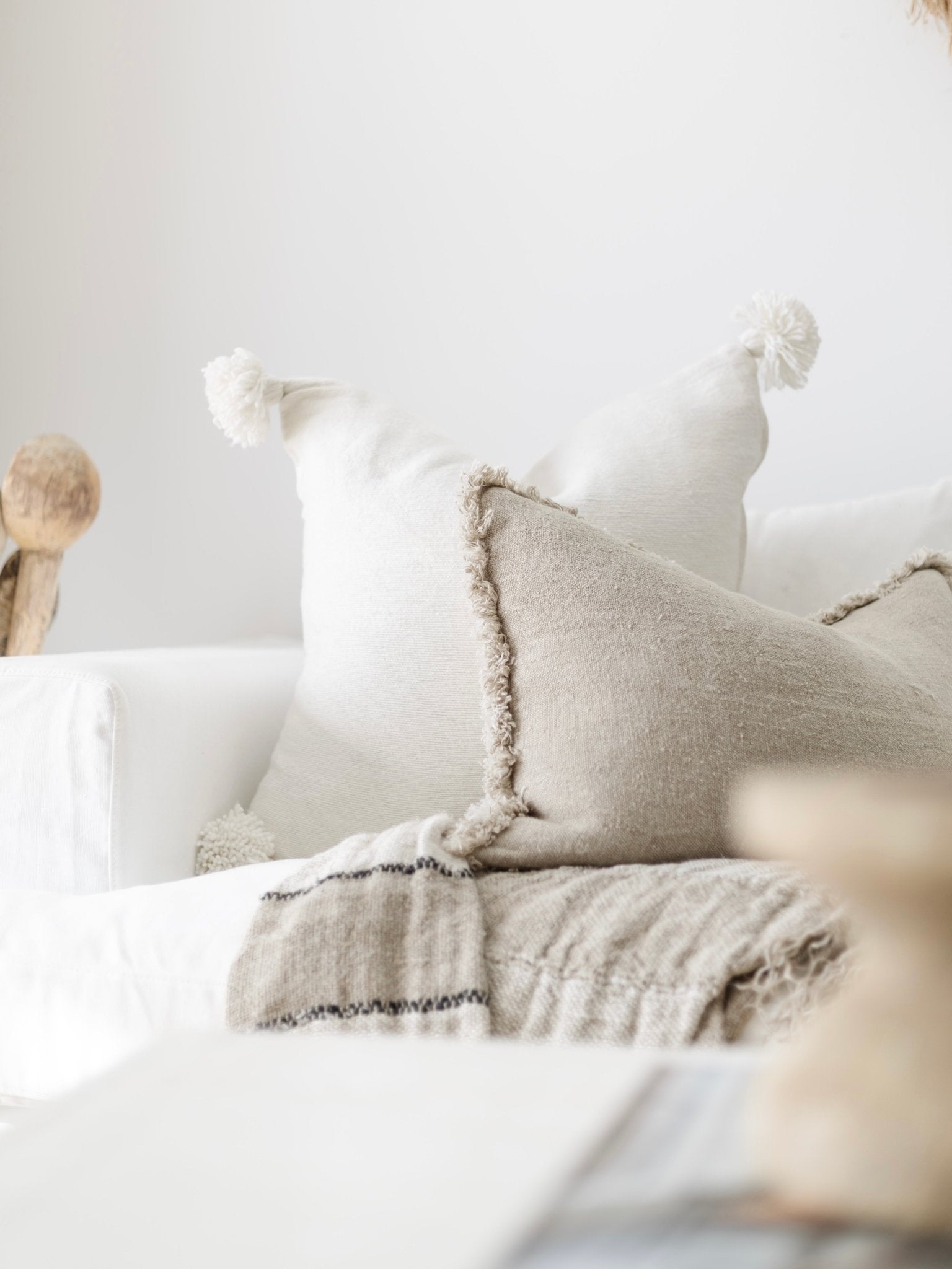 Moroccan Pom Pom Cushion - Soft White - Wander & Wild Home