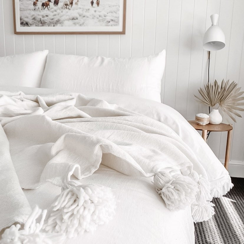 Moroccan Pom Pom Throw Blanket - White - Wander & Wild Home
