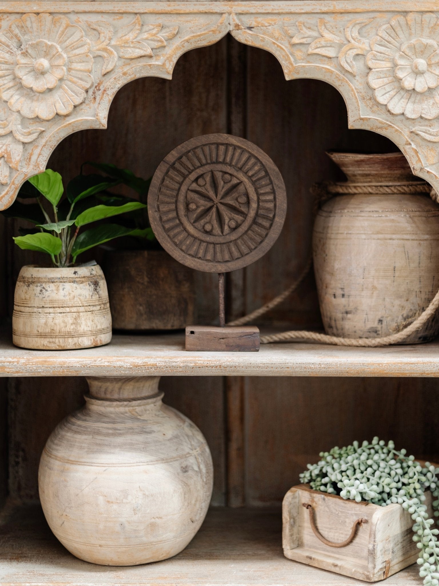 Indian Carved Chapati Plate on Stand - Wabi - Wander & Wild Home