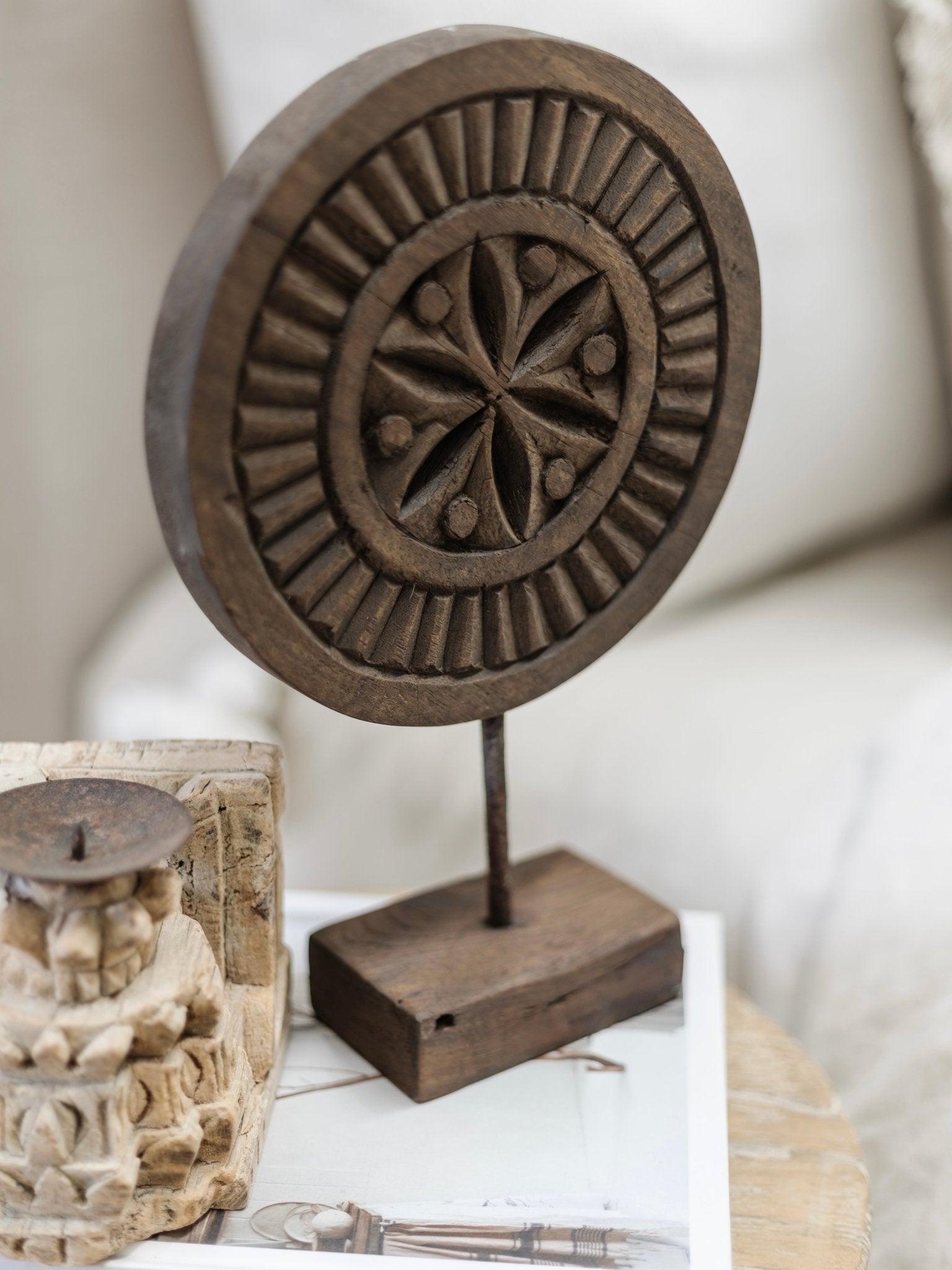 Indian Carved Chapati Plate on Stand - Wabi - Wander & Wild Home