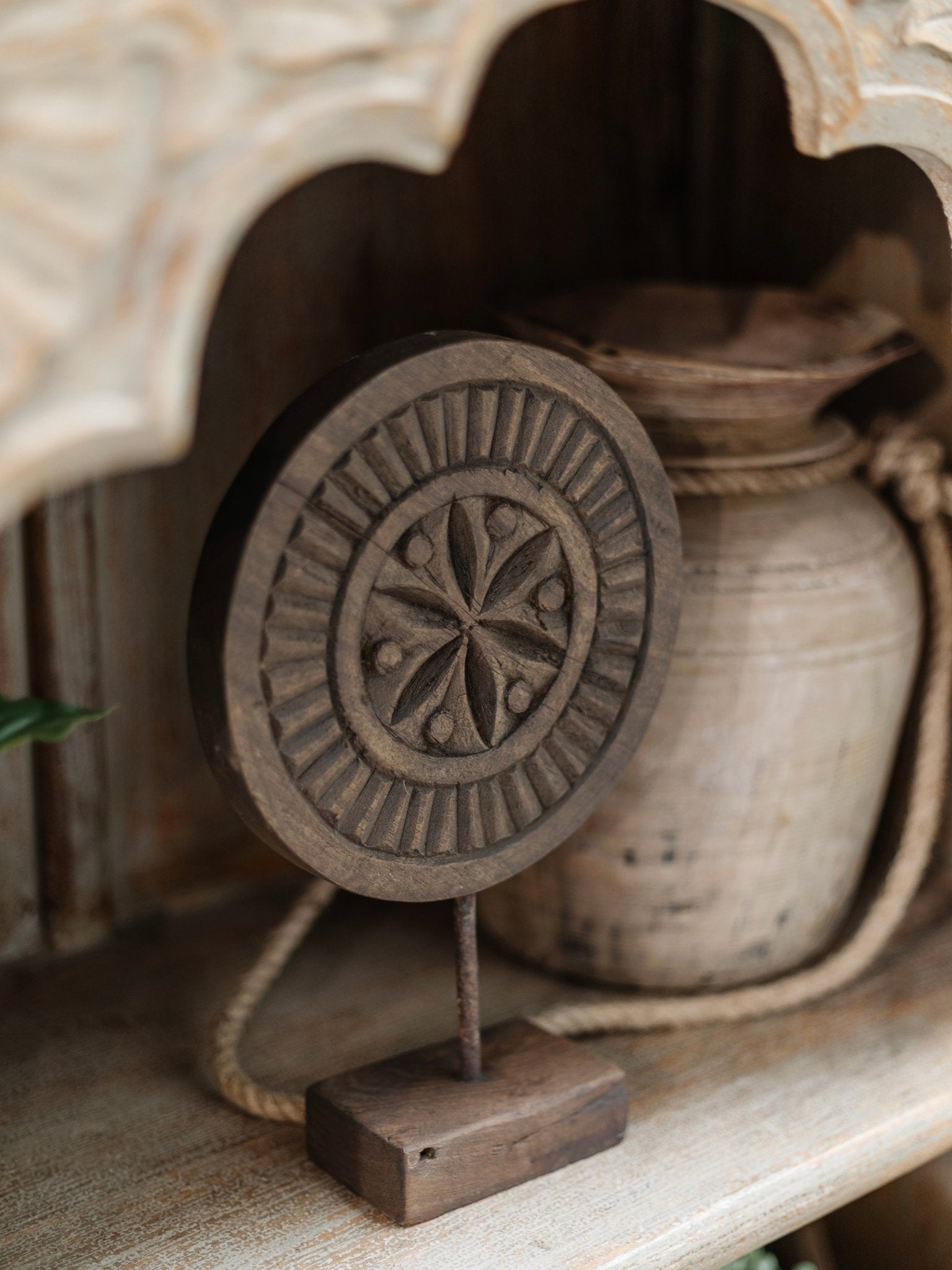 Indian Carved Chapati Plate on Stand - Wabi - Wander & Wild Home