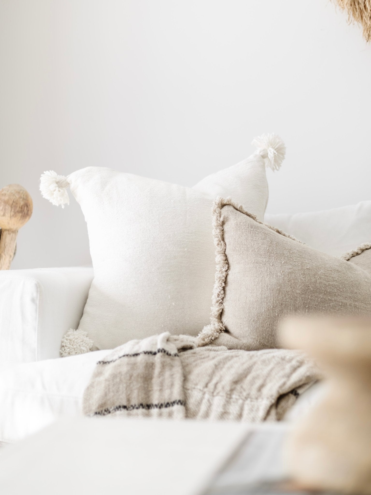Moroccan Pom Pom Cushion - Soft White - Wander & Wild Home