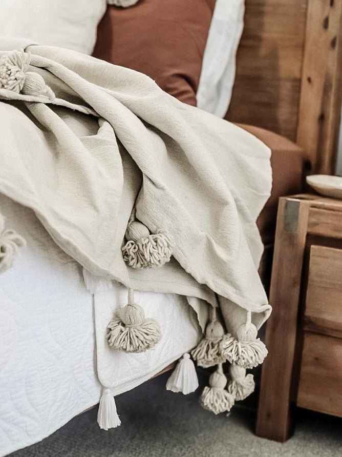 Moroccan Pom Pom Throw Blanket - Beige - Wander & Wild Home