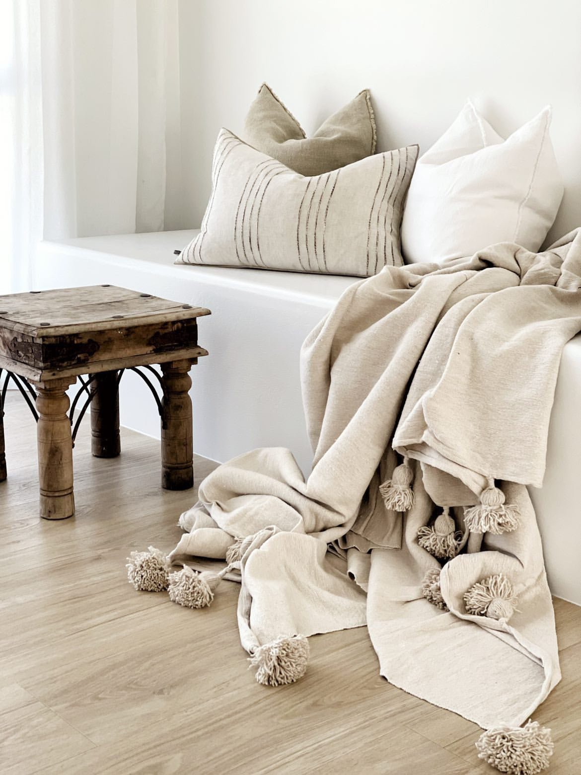 Moroccan Pom Pom Throw Blanket - Beige - Wander & Wild Home