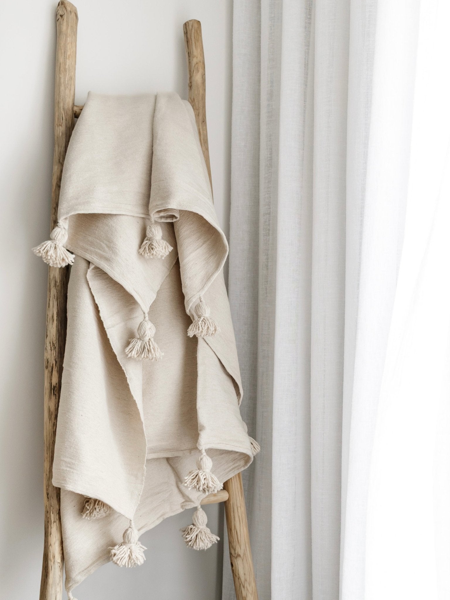 Moroccan Pom Pom Throw Blanket - Beige - Wander & Wild Home