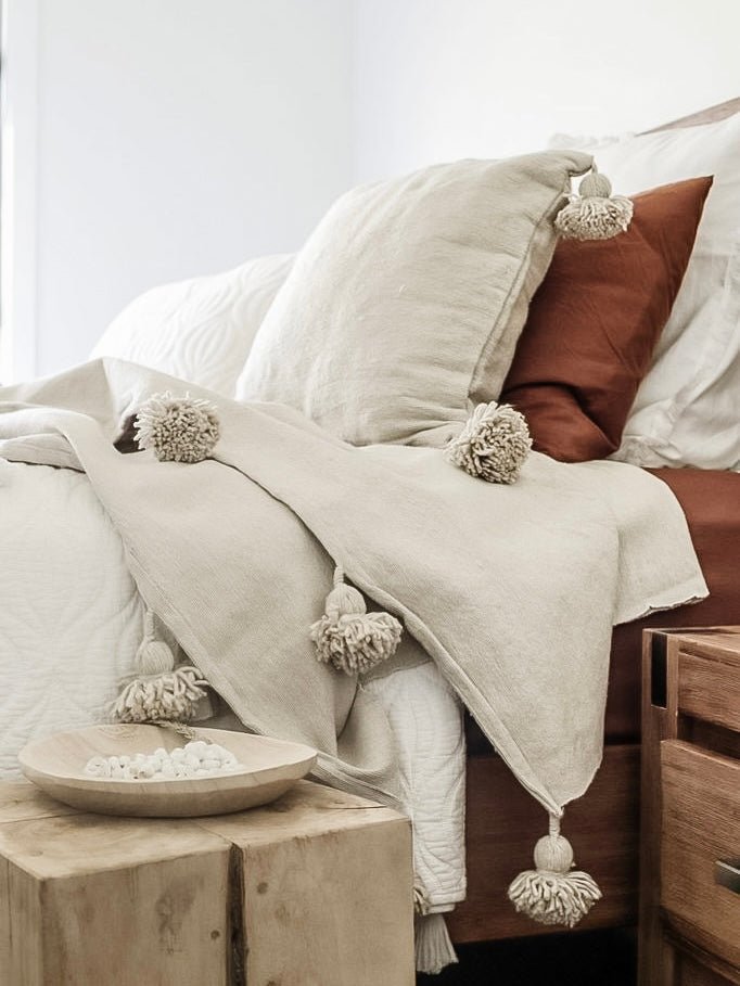Moroccan Pom Pom Throw Blanket - Beige - Wander & Wild Home