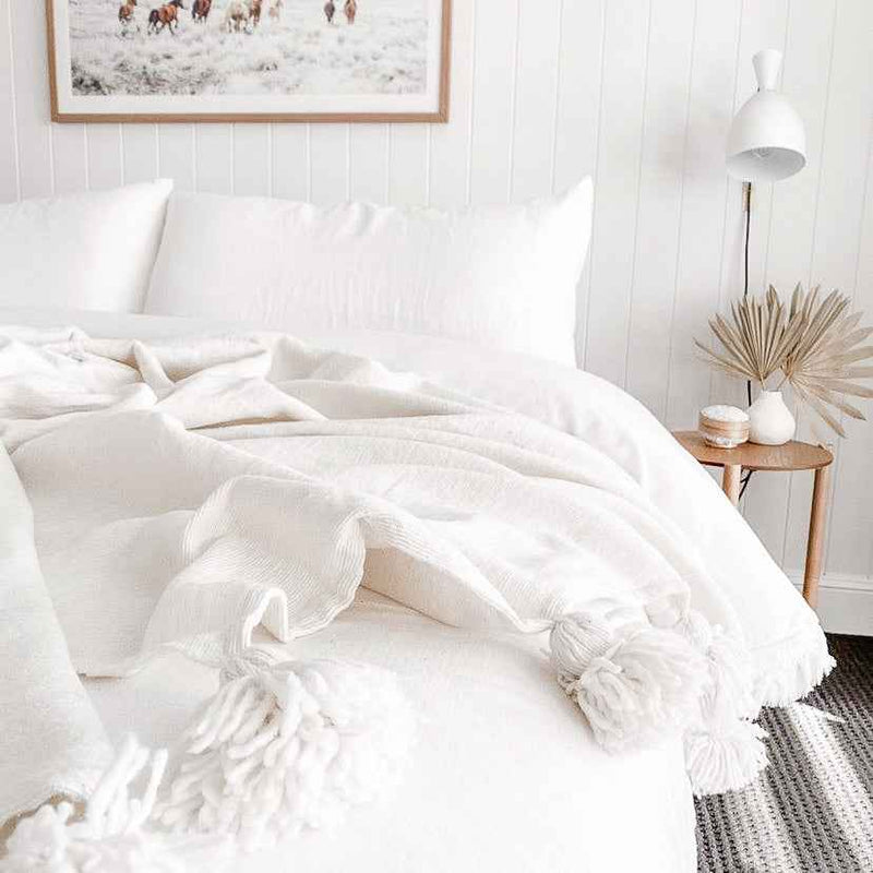 Classic Moroccan Pom Pom Throw - Crisp White - Wander & Wild Home